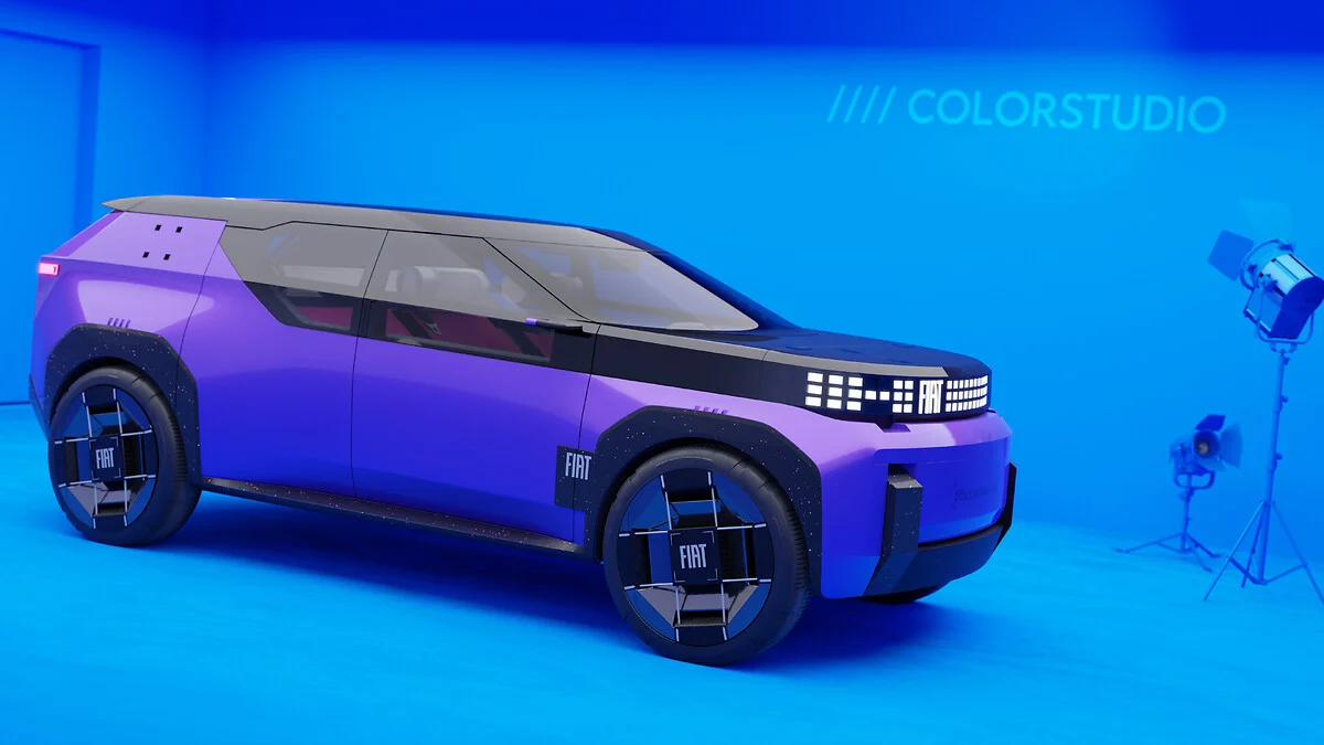 Concept Fiat Giga Panda 2026: SUV compatto di segmento C con design squadrato, fiancata pulita, protezioni nere e firma luminosa a pixel, reinterpretazione moderna della Panda in chiave avventurosa