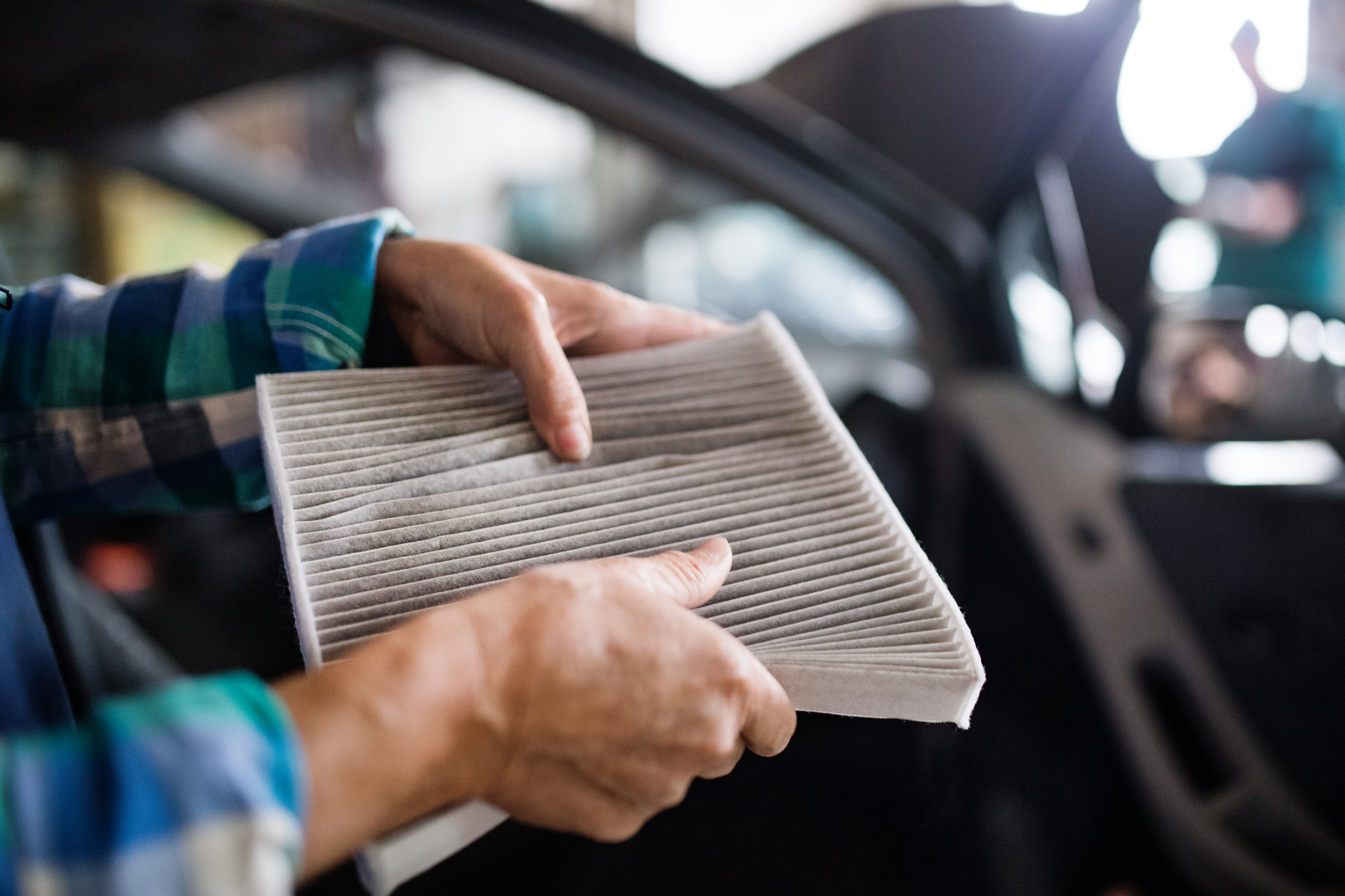 Donna tiene tra le mani un filtro abitacolo per auto